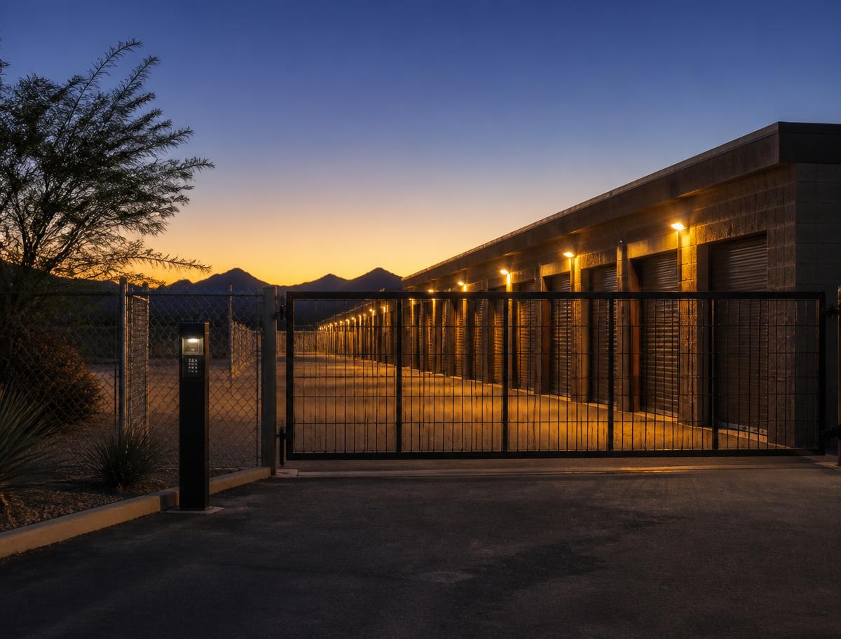 Lit security gate with keypad access at the storage facility entrance at dusk
