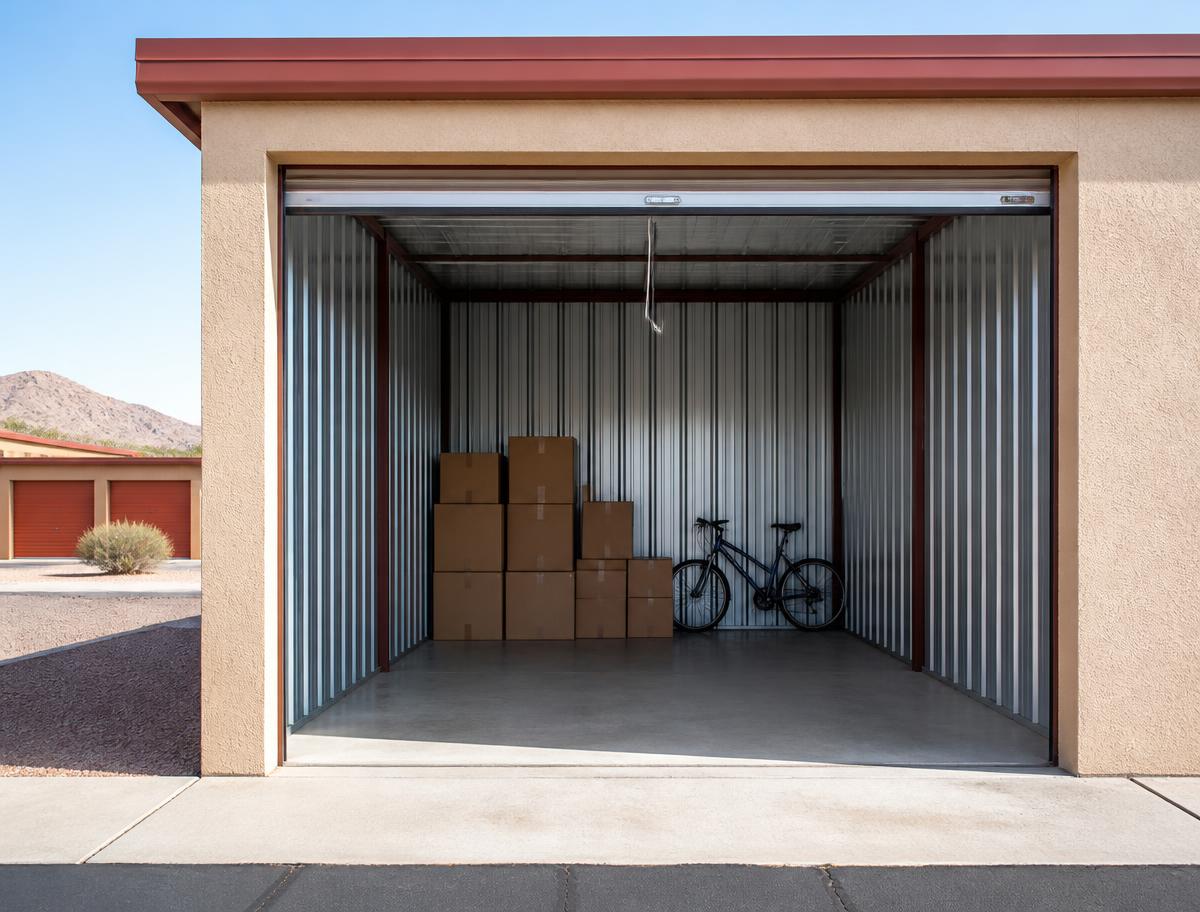 Open drive-up storage unit with a clean concrete floor, stacked boxes, and a bicycle inside